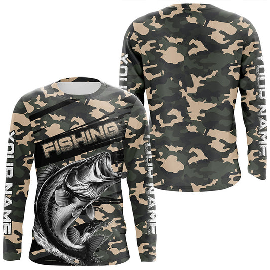 Maxcorners Largemouth Bass Fishing Camo Custom Long Sleeve Shirts, Patriotic Bass Fishing Jerseys LM0201