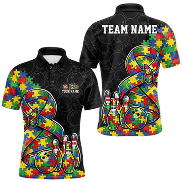 Maxcorners Custom Colorful Autism Awareness Butterfly Ribbon Bowling Men Shirt, Puzzles Jersey 9 LM1104