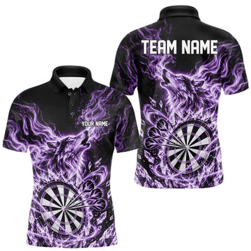 Maxcorners Custom Purple Flame Wolf Dart Team Men Polo Shirt, Crystal Ice Dartboard Shirt