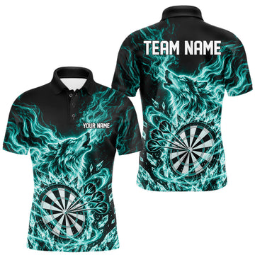 Maxcorners Custom Teal Green Flame Wolf Dart Team Men Polo Shirt, Crystal Ice Dartboard Shirt
