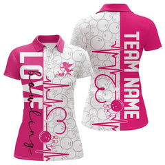 Maxcorners White And Pink Custom Love Bowling Polo Shirts, Valentines Couple Bowling Jerseys