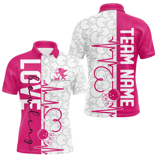 Maxcorners White And Pink Custom Love Bowling Polo Shirts, Valentines Couple Bowling Jerseys