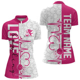 Maxcorners White And Pink Custom Love Bowling Polo Shirts, Valentines Couple Bowling Jerseys