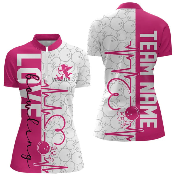 Maxcorners White And Pink Custom Love Bowling Polo Shirts, Valentines Couple Bowling Jerseys