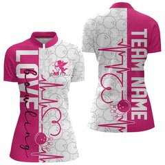 Maxcorners White And Pink Custom Love Bowling Polo Shirts, Valentines Couple Bowling Jerseys