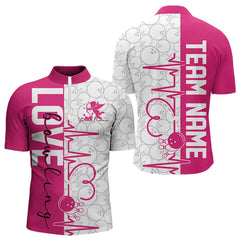 Maxcorners White And Pink Custom Love Bowling Polo Shirts, Valentines Couple Bowling Jerseys