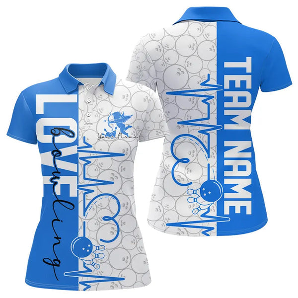 Maxcorners White And Blue Custom Love Bowling Polo Shirts Valentines Couple Bowling Jerseys