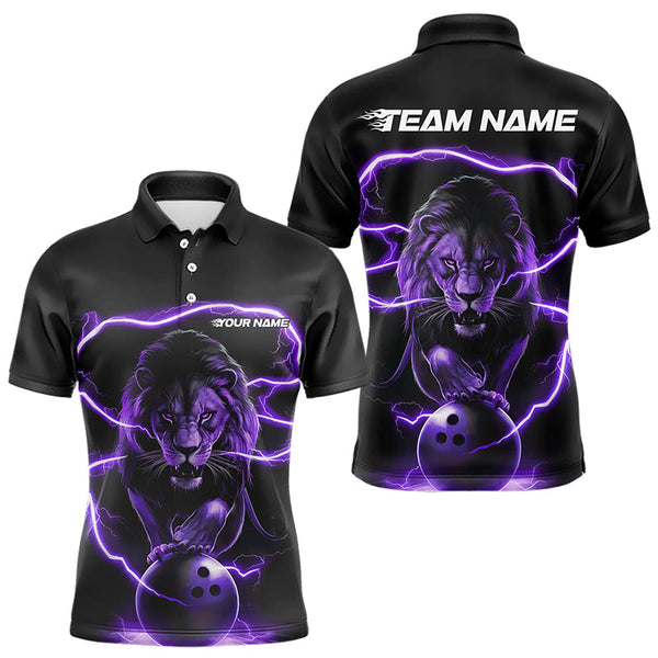 Maxcorners Custom Black And Purple Thunder Lightning Lion Bowling Polo Shirts For Men, Team Uniform