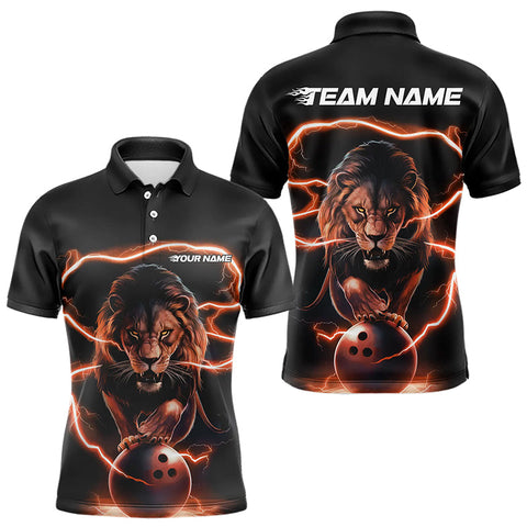 Maxcorners Custom Black And Orange Thunder Lightning Lion Bowling Polo Shirts For Men, Team Uniform