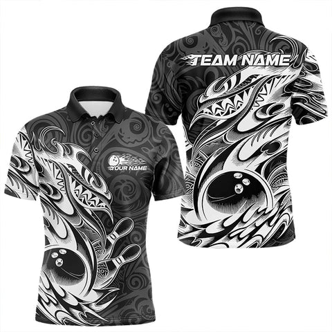 Maxcorners Custom Black And White Tribal Polynesian Bowling Team Men Polo Shirts, Niho Mano Bowling Shirt