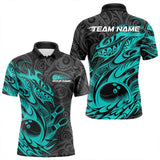 Maxcorners Custom Black And Blue Tribal Polynesian Bowling Team Men Polo Shirts, Niho Mano Bowling Shirt