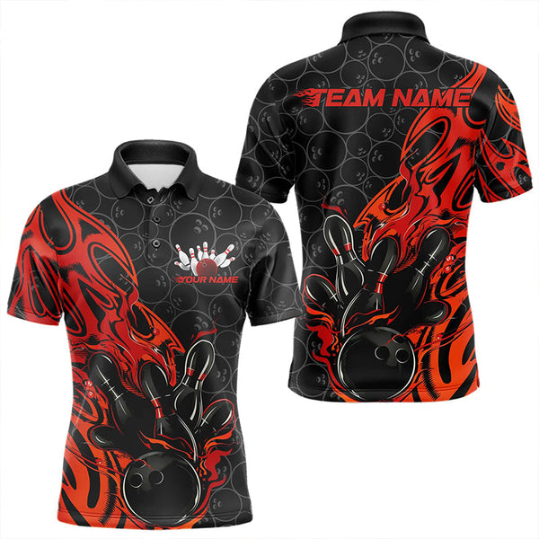 Maxcorners Custom Black And Red Tribal Flame Bowling Team Men Polo Shirts, Bowling Pattern Outfits