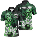 Maxcorners Black And Green Custom Skull Bowling Shirts For Men, Gothic Bowling Team Shirt Halloween Outfits