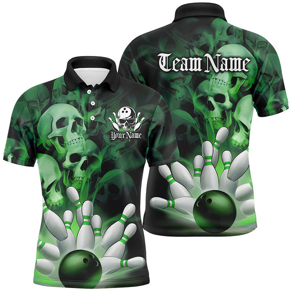 Maxcorners Black And Green Custom Skull Bowling Shirts For Men, Gothic Bowling Team Shirt Halloween Outfits