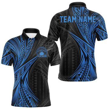 Maxcorners Custom Black And Blue Tribal Pattern Bowling Team Men Polo Shirt, Bowling League Shirt