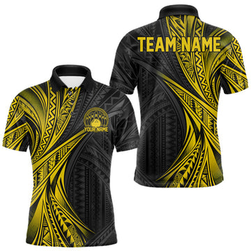 Maxcorners Custom Black And Gold Tribal Pattern Bowling Team Men Polo Shirt, Bowling League Shirt