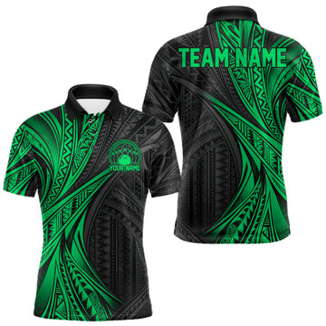 Maxcorners Custom Black And Green Tribal Pattern Bowling Team Men Polo Shirt, Bowling League Shirt