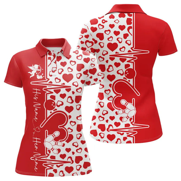 Maxcorners Red Bowling Heartbeat Pulse Line Custom Valentines Day Bowling Polo Shirts