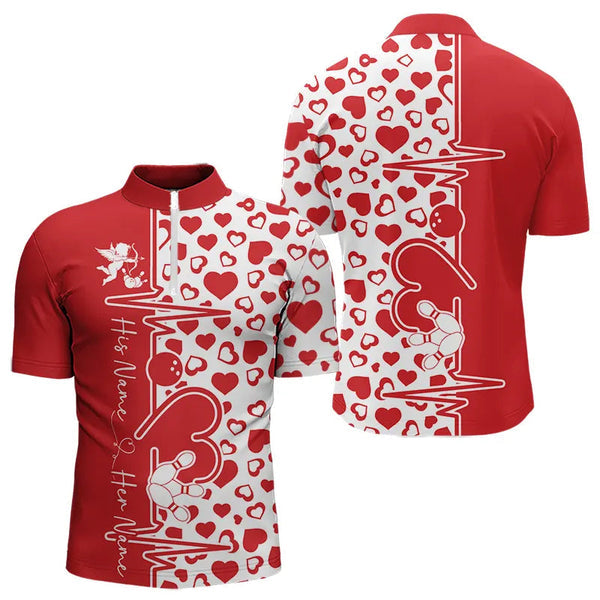 Maxcorners Red Bowling Heartbeat Pulse Line Custom Valentines Day Bowling Polo Shirts