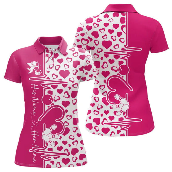 Maxcorners Pink Bowling Heartbeat Pulse Line Custom Valentines Day Bowling Polo Shirts