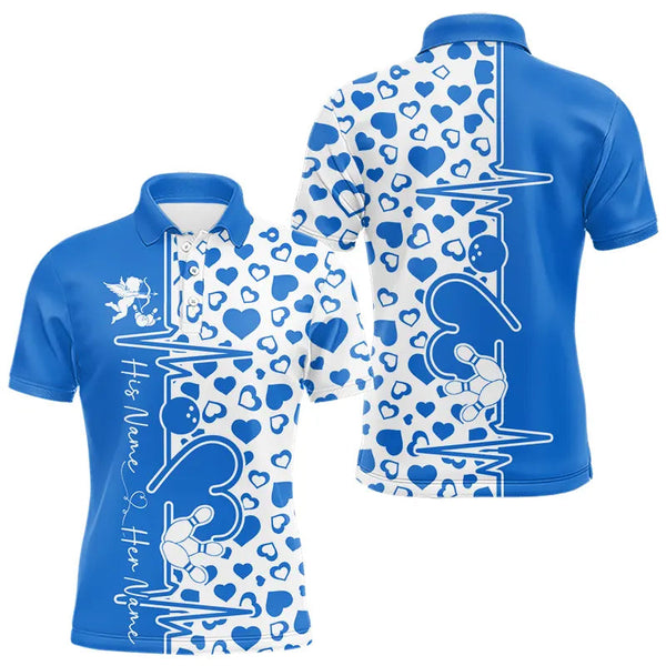 Maxcorners Blue Bowling Heartbeat Pulse Line Custom Valentines Day Bowling Polo Shirts