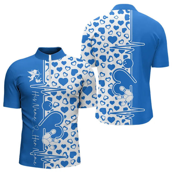 Maxcorners Blue Bowling Heartbeat Pulse Line Custom Valentines Day Bowling Polo Shirts