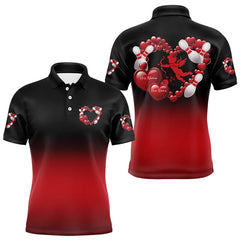 Maxcorners Black And Red Custom Valentines Day Bowling Polo Shirts For Men, Bowling Couple Shirt