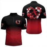 Maxcorners Black And Red Custom Valentines Day Bowling Polo Shirts For Men, Bowling Couple Shirt