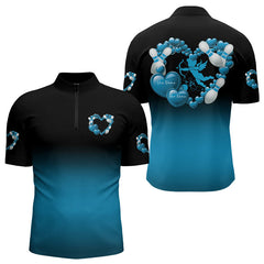 Maxcorners Black And Blue Custom Valentines Day Bowling Polo Shirts For Men, Bowling Couple Shirt