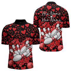 Maxcorners Black And Red Heart Theme Custom Valentines Bowling Polo Shirt For Men, Couple Bowling Shirt