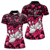Maxcorners Black And Pink Heart Theme Custom Valentines Bowling Polo Shirt For Men, Couple Bowling Shirt
