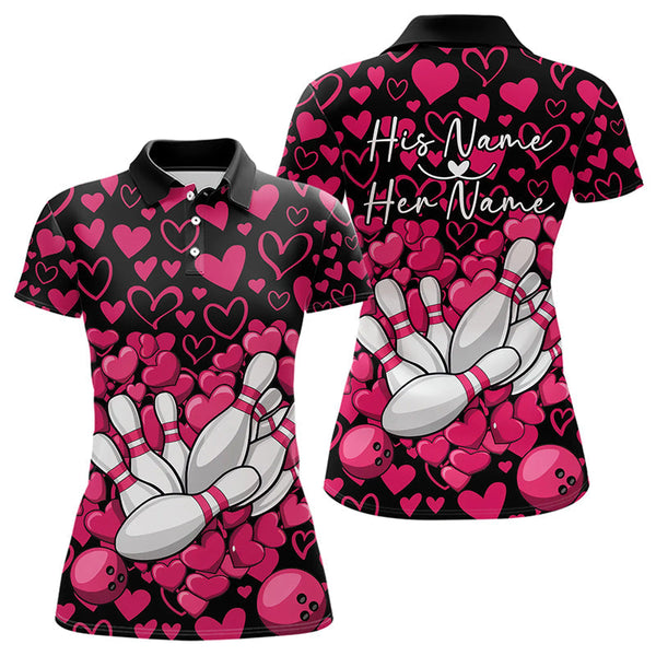Maxcorners Black And Pink Heart Theme Custom Valentines Bowling Polo Shirt For Men, Couple Bowling Shirt