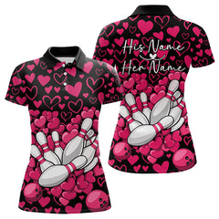 Maxcorners Black And Pink Heart Theme Custom Valentines Bowling Polo Shirt For Men, Couple Bowling Shirt