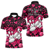 Maxcorners Black And Pink Heart Theme Custom Valentines Bowling Polo Shirt For Men, Couple Bowling Shirt