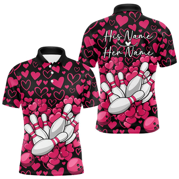 Maxcorners Black And Pink Heart Theme Custom Valentines Bowling Polo Shirt For Men, Couple Bowling Shirt