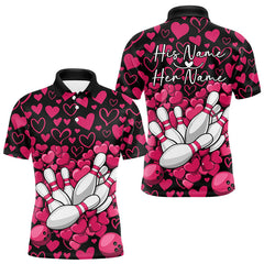 Maxcorners Black And Pink Heart Theme Custom Valentines Bowling Polo Shirt For Men, Couple Bowling Shirt