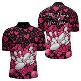 Maxcorners Black And Pink Heart Theme Custom Valentines Bowling Polo Shirt For Men, Couple Bowling Shirt