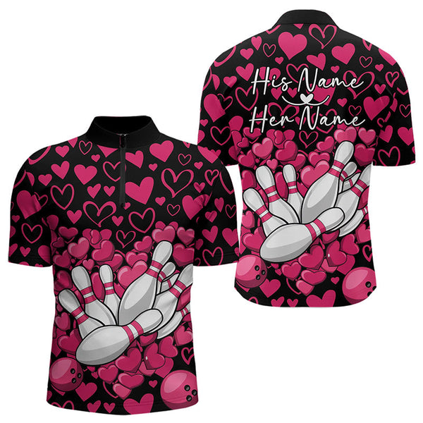 Maxcorners Black And Pink Heart Theme Custom Valentines Bowling Polo Shirt For Men, Couple Bowling Shirt