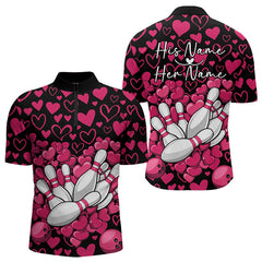 Maxcorners Black And Pink Heart Theme Custom Valentines Bowling Polo Shirt For Men, Couple Bowling Shirt