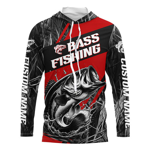 Maxcorners Black And Red Camo Bass Long Sleeve Tournament Fishing Shirts, Custom Bass Fishing Jerseys LM0201