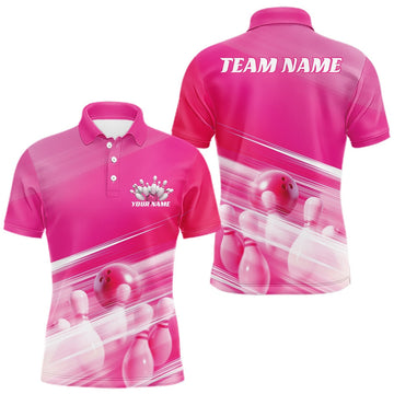 Maxcorners Custom Pink Bowling Ball And Pins Bowling Team Polo Shirt For Men, Bowling League Shirt