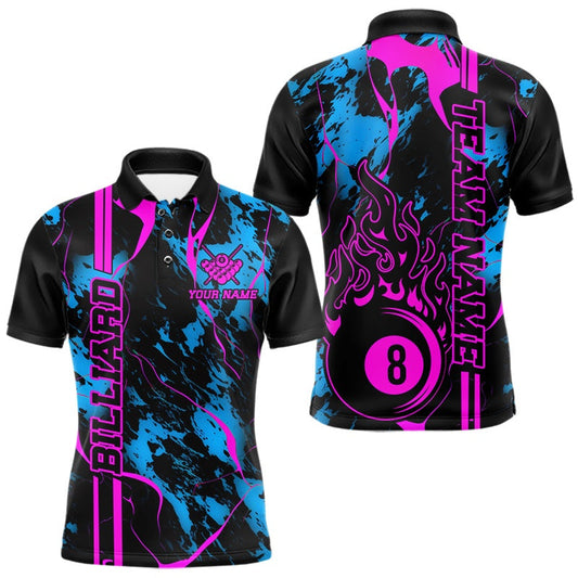 Maxcorners Custom Blue And Pink 8 Ball Billiard Flame Men Polo Shirt, Pool Team Shirt