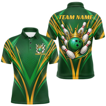 Maxcorners Custom Green And Gold Crowned Bowling Ball Bowling King Bowling Team Men Polo Shirt