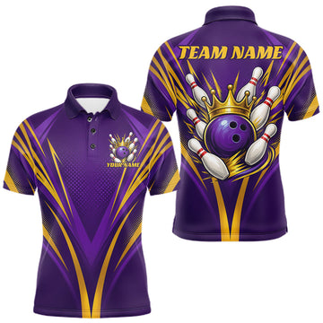 Maxcorners Custom Purple And Gold Crowned Bowling Ball Bowling King Bowling Team Men Polo Shirt