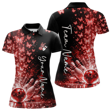 Custom Red Butterfly Women Bowling Polo Shirt, Bowling League Shirt LM1203