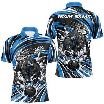 Maxcorners Custom Black And Blue Angry Bull Bowling Jerseys, Bowling Team League Men Polo Shirt