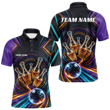 Maxcorners Custom Colorful Wine Bowling Men Polo Shirts, Wine Lovers Bowling Team