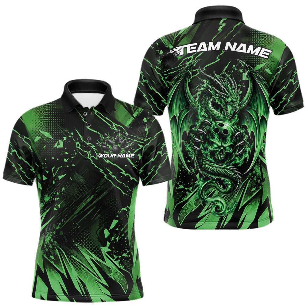 Maxcorners Custom Black And Green Dragon Bowling Men Polo Shirt, Skull Bowling Ball Jersey
