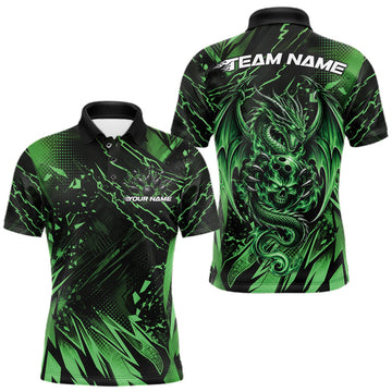 Maxcorners Custom Black And Green Dragon Bowling Men Polo Shirt, Skull Bowling Ball Jersey