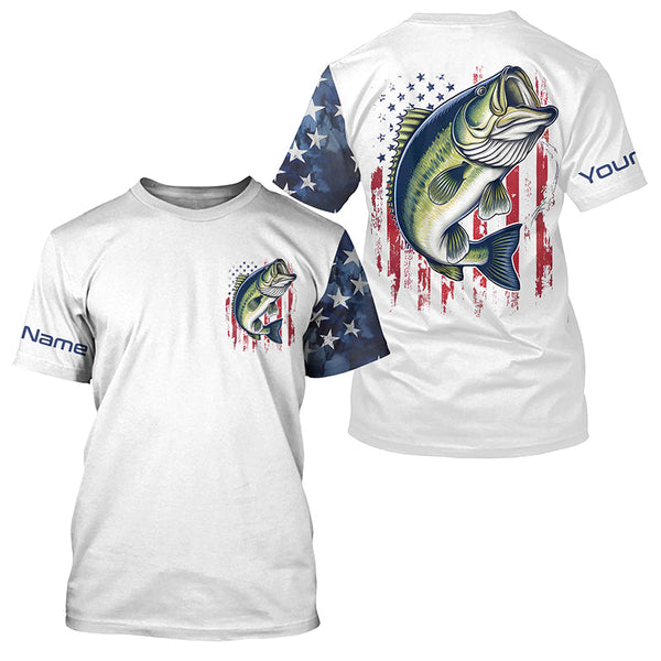 Maxcorners American Flag Largemouth Bass Custom Long Sleeve Fishing Shirts, Us Patriotic Bass Fishing Shirt MT2108